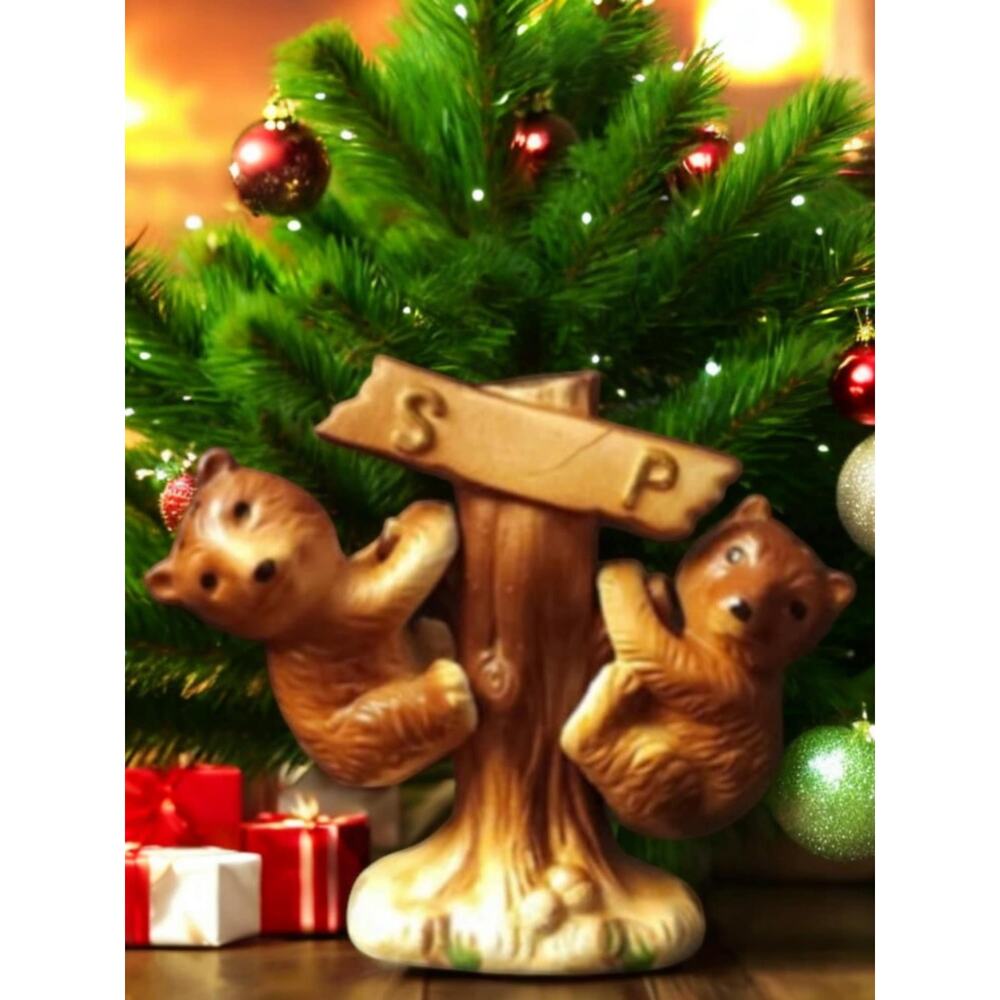Vintage Unbelievably Cute Bears Hanging From A Tree Salt and Pepper Shakers